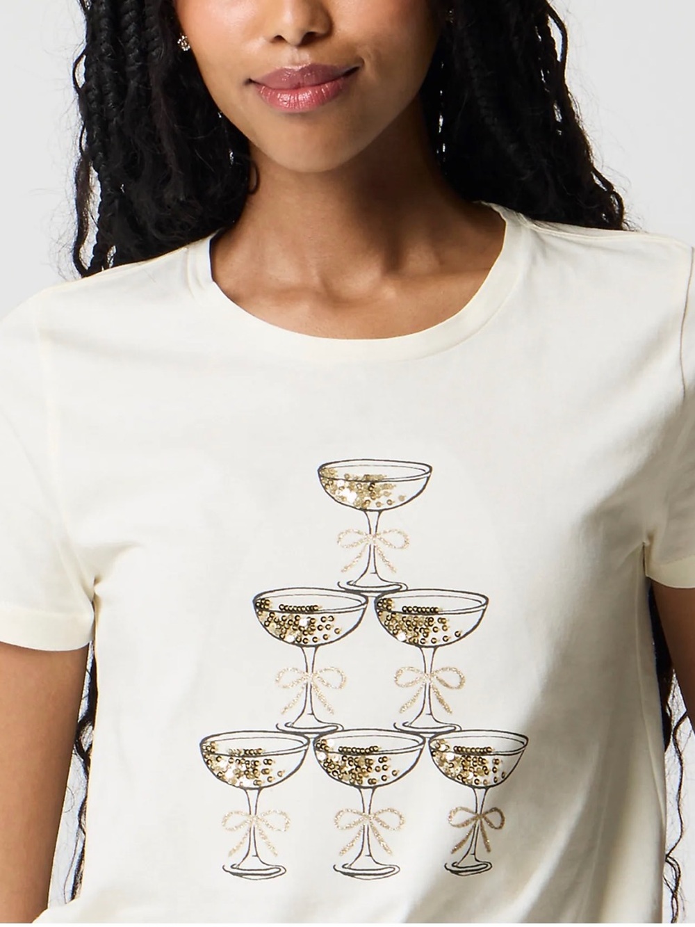 NEW NWT J. Crew Cream Short Sleeve Tee  Gold Champagne Glasses Graphic large